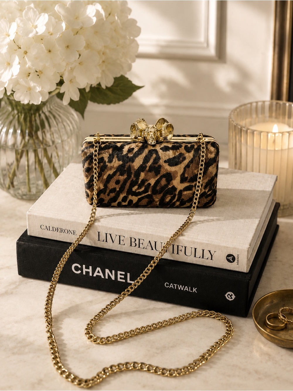 C Wonder Leopard Print Calf Hair Clutch Purse Gold Ram Head Clasp Chain Strap